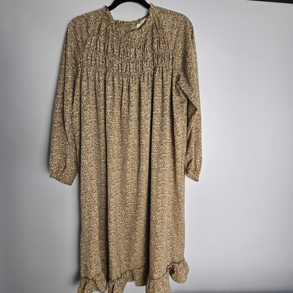 Indigo Soul Mustard Floral Print Smocked Long Sleeve Midi Dress Sz L Cottagecore